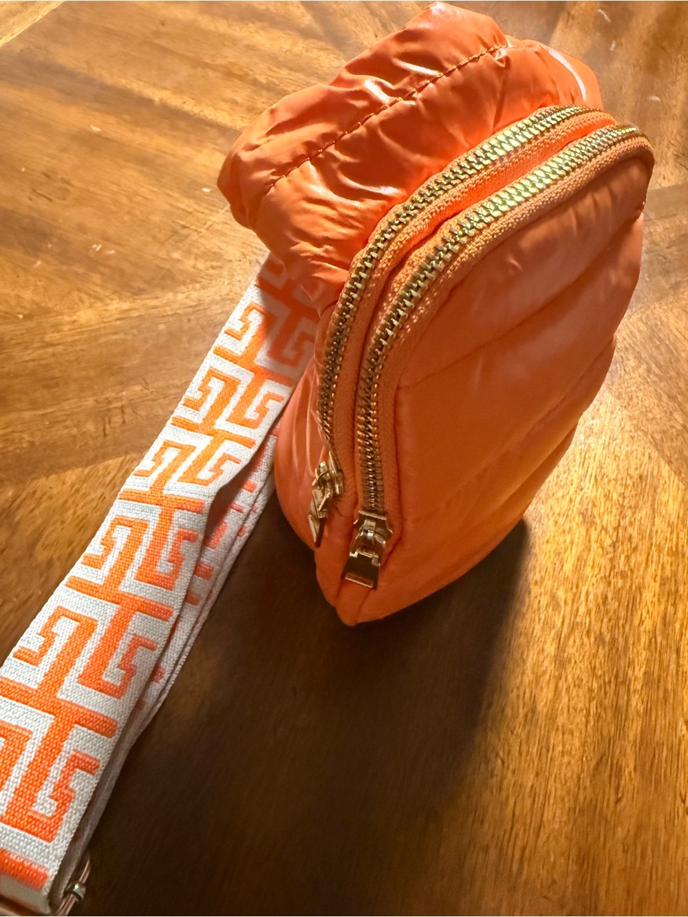 Orange Quilted Crossbody with Patterned Adjustable Strap